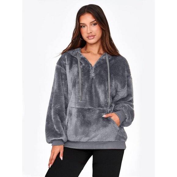 Women Dark Gray Oversized Fuzzy Fleece Zip up Hoodie Sweatshirt - Picture 4 of 5